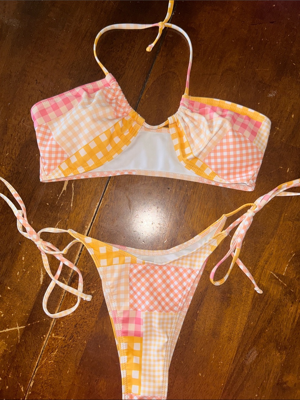 SHEIN Pink & Yellow Patchwork Gingham Bikini
